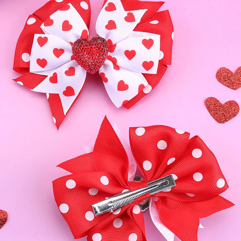 2pcs Shinning Love Hearts Hairpins For Baby Girls Ribbon Print Valentines Day Bows Hair Clips Kids Hairgripes Hair Styling Tools