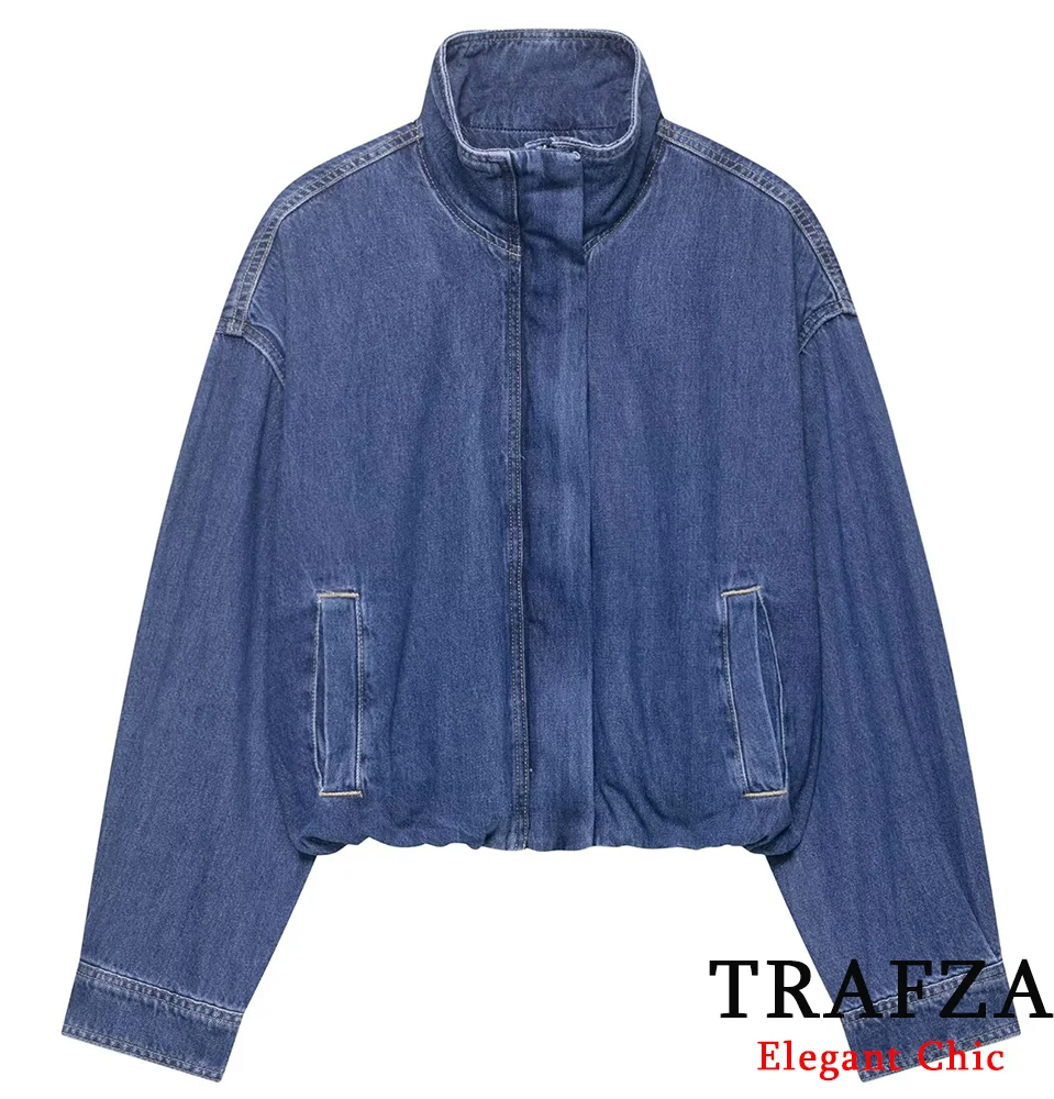 

TRAFZA Casual Stand-up Collar Denim Jacket Women's Simple Zipper Jacket Coat 2025 Fall Winter Fashion High Street Lady Jackets