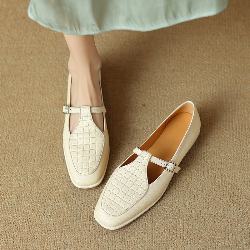 

Women Flats New Spring Atumn T-Strap Mary Jane Shoes French Style Shoes Woman Gennuine Leather Flats Soft Sheepskin Retro Flats