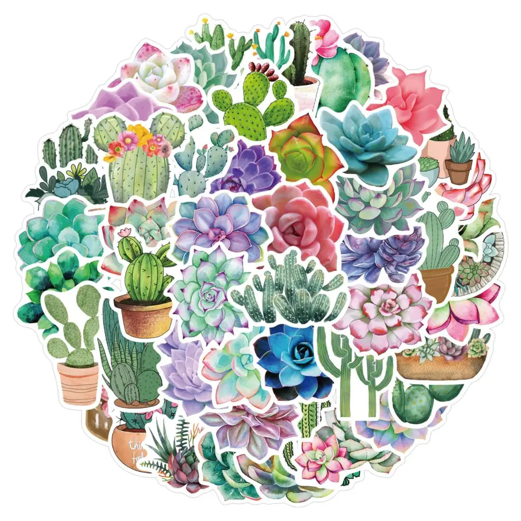 50PCS Succulent Stickers For Laptop Journaling Planners Phone Cute Cactus Plants Decals Scrapbooking Pack For Girls Kids