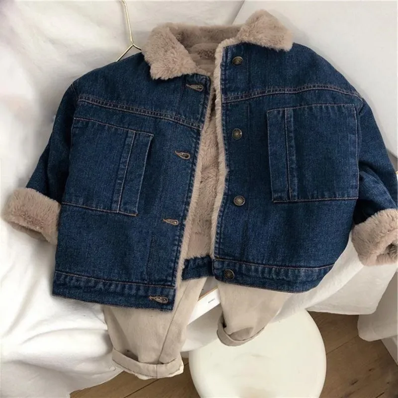 New Children\'s Denim Jacket For Autumn And Winter Boy Handsome And Plush Thick Jacket Girl Baby Korean Warm Coat