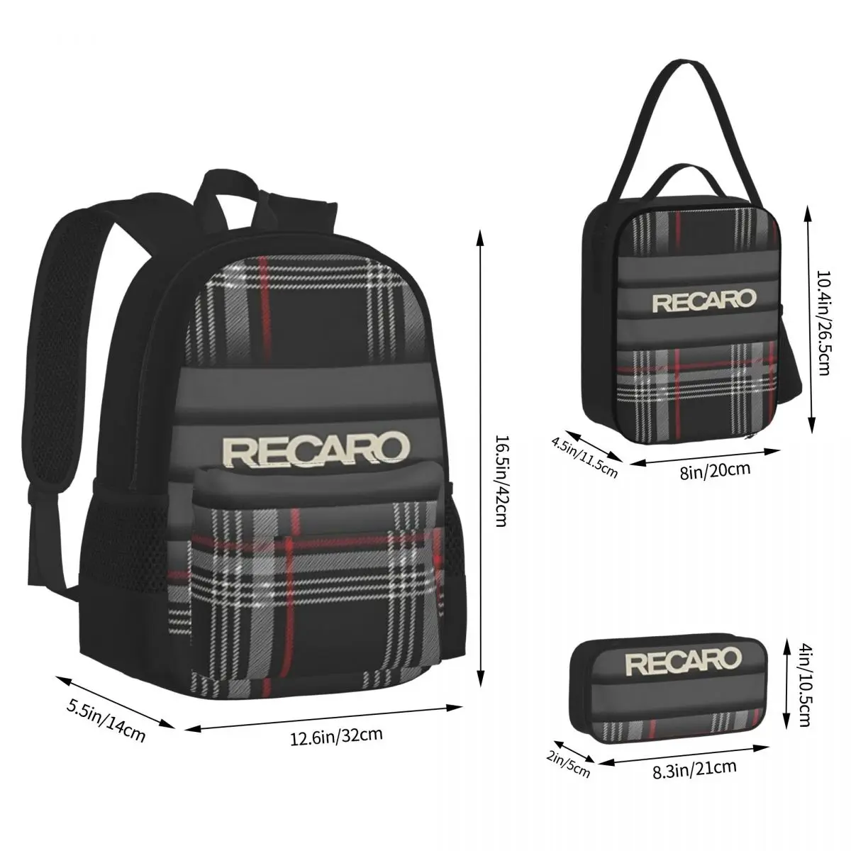 Tartan Plaid Recaros Backpacks Students Bookbag School Bags Kids Rucksack Lunch Bag Pen Bag Three-Piece Set