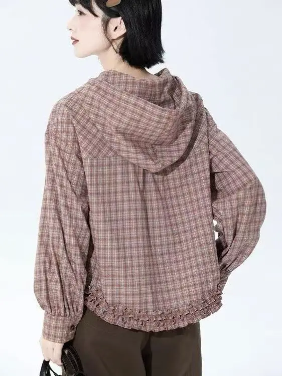 Retro Sle oranje geruite capuchon lange Sve losse irt dubbellaags houten omzoomde top voor dames herfst faion dames...