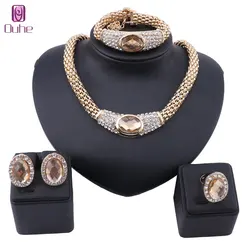 Women Gold Color Chain Choker Crystal Necklace Earring Bracelet Ring Bridal Christmas Gift Costume Jewelry Set