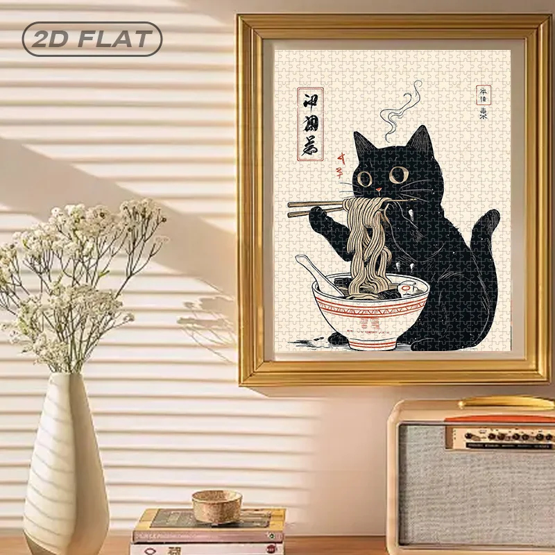 1000pcs Japanese Anime Tuxedo Cat & Ramen Noodle Jigsaw Puzzle - Totoro-Inspired Black Cat Eating Ramen with Japanese Text, 20