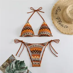 Geometria dzianiny trójkąt mikro bikini stringi Mujer String Halter stroje kąpielowe Mini seksowne stroje kąpielowe strój kąpielowy dla kobiet zestaw bikini