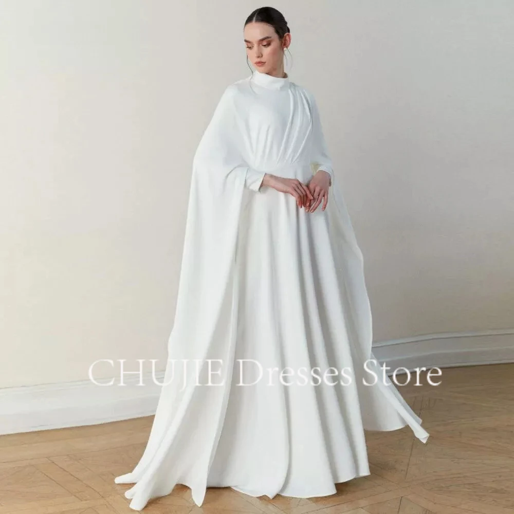 

Customized Muslim High Collar Wedding Dresses Exquisite Satin A line Draped Pleat Wedding Gown Bride Dresses 2025 New Prom Gowns