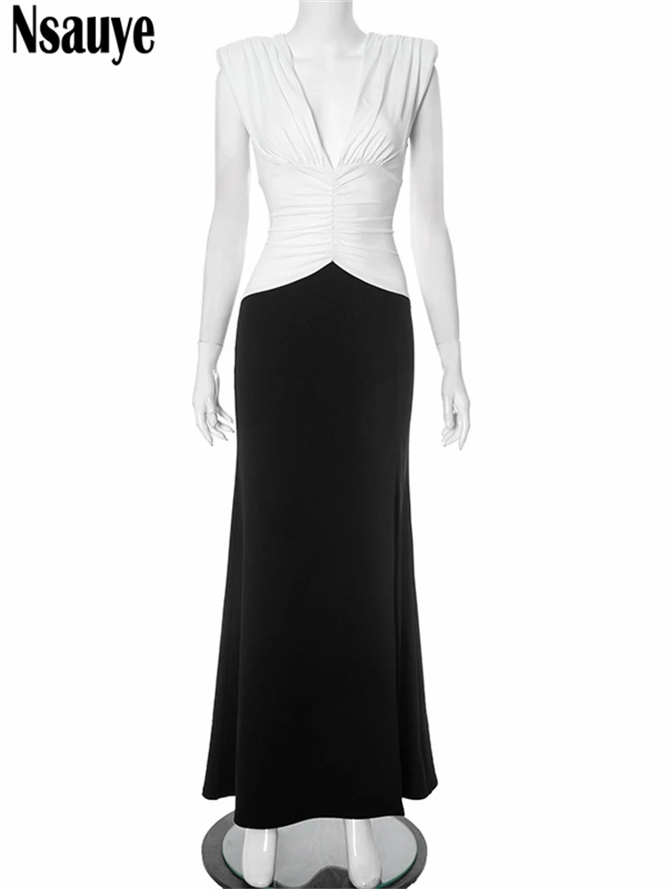 Nsauye Elegante Avondjurk Zomer Vrouwen Laag Uitgesneden Chic Sexy Lange Ruches Hoge Split Nachtclubn Party Nieuwe Mode Jurk 2025