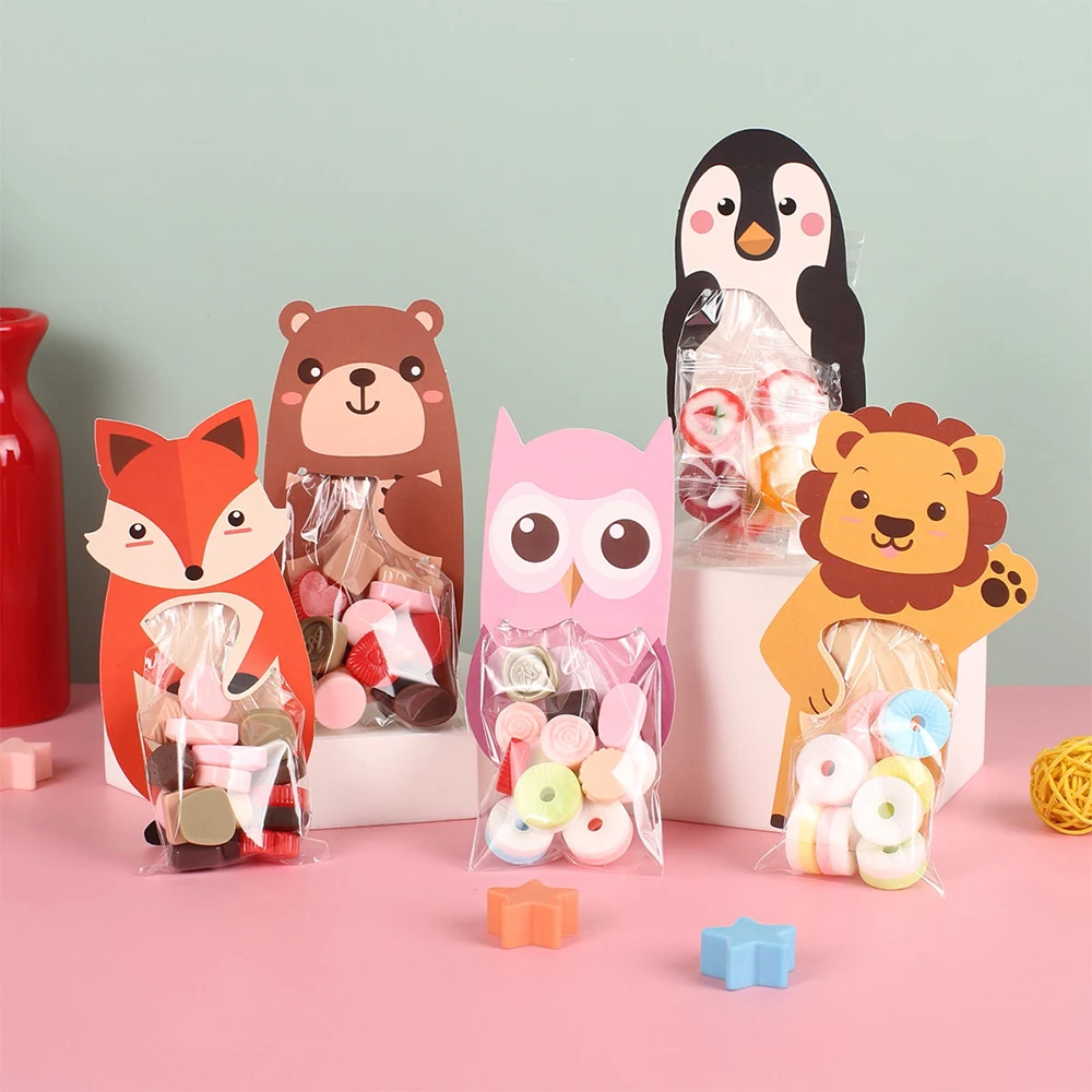 10Pcs Cartoon Animals Candy Bags Card Gift Bags Bear Lion Owl Fox Penguin Cookie Chocolate Packaging for Birthday Party Decor