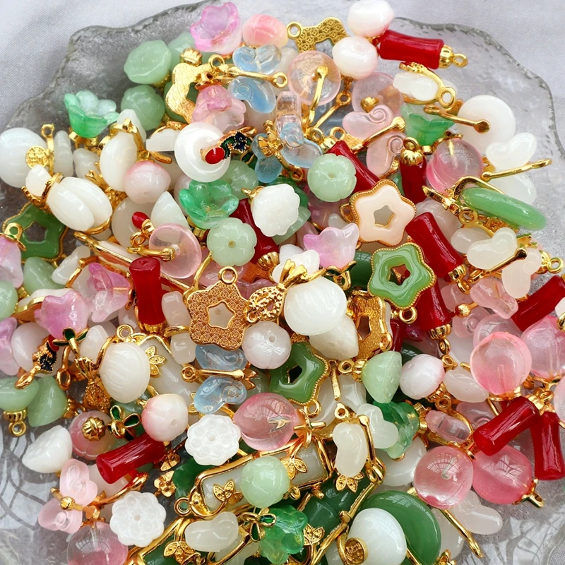 20PCS Mixed Transparent Glass Alloy Pendant Flower Lucky Talisman Glass Charms DIY Necklace Bracelet Earings Keychain Accessory