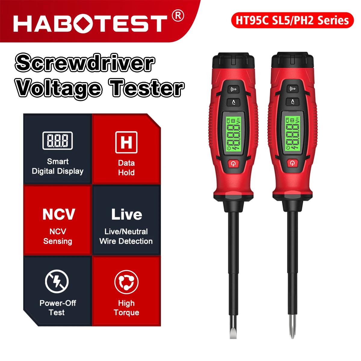 HABOTEST HT95C-PH2/SL5 Screwdriver Voltage Tester Digital Measuring Pen 3V~500V 50/60Hz Non-Contact Voltage NCV Measurement