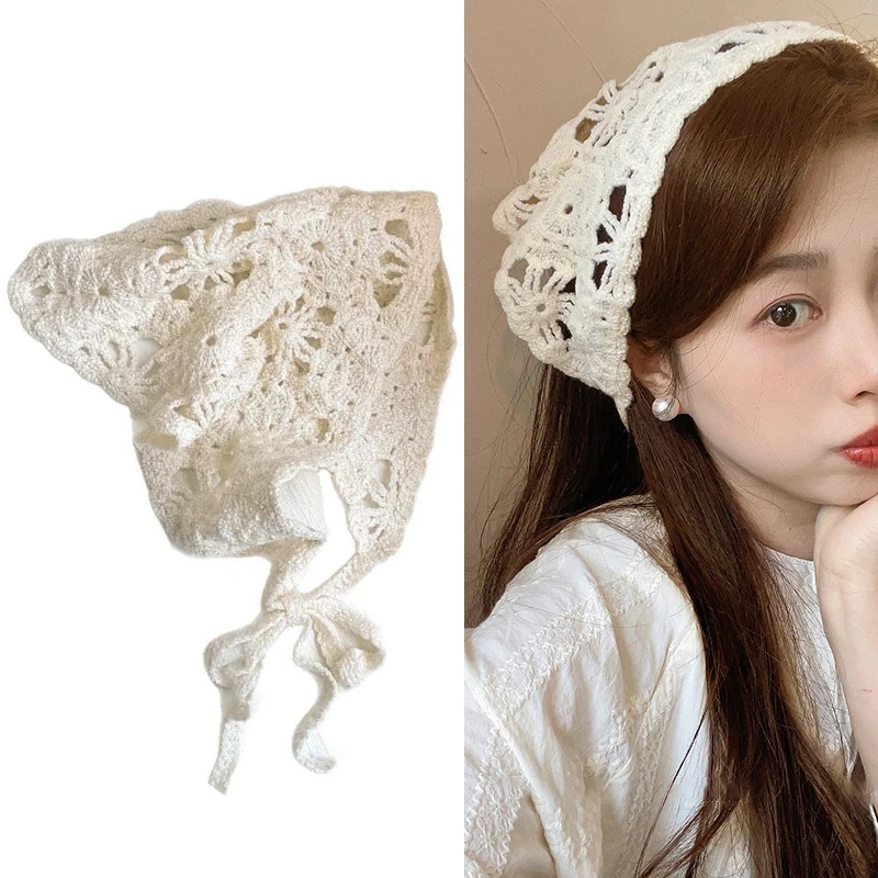

Fashion Knitted Headscarf Hat French Pastoral Style Triangle Headband Handmade Crochet Headband Towel Retro Flower Headscarf