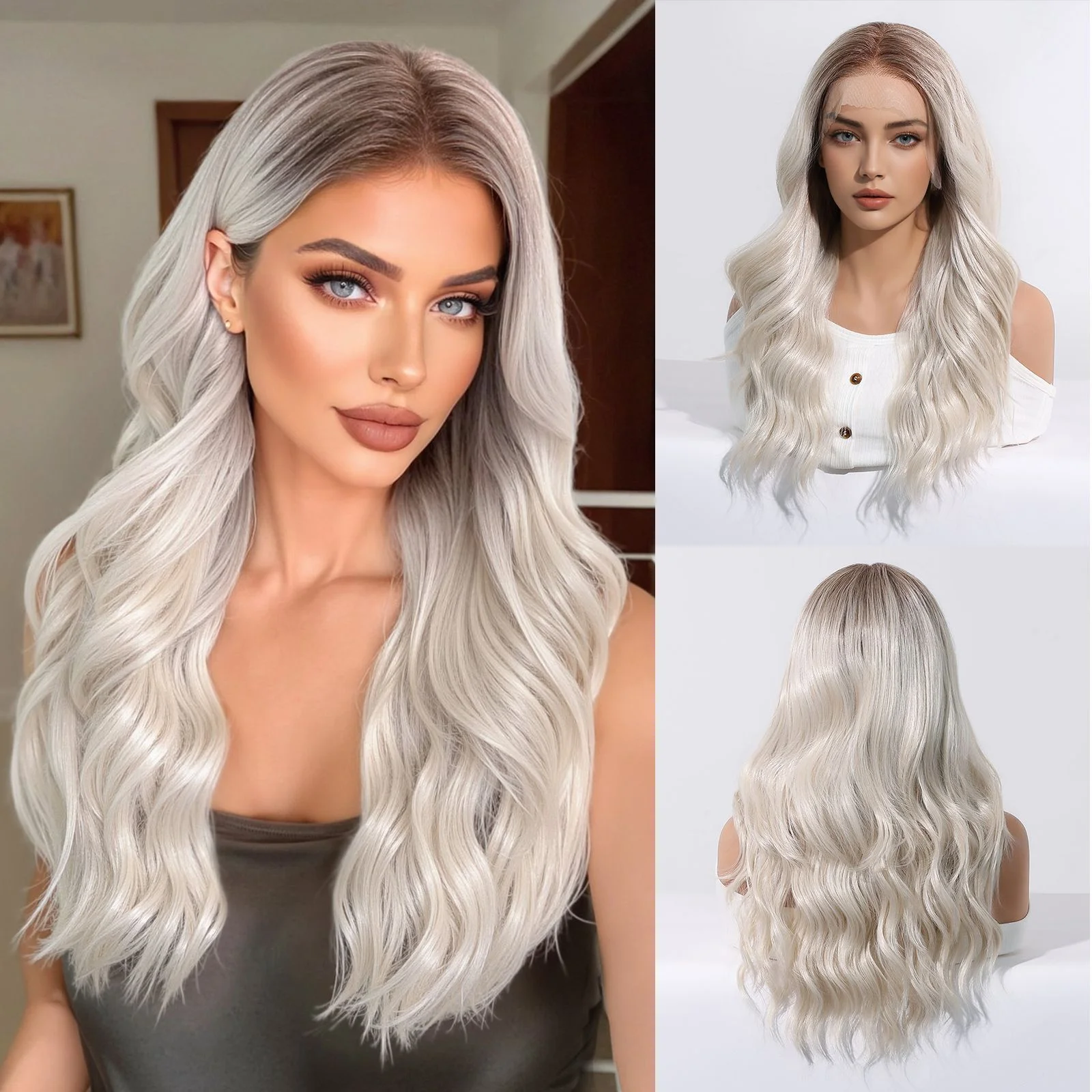 

Long Blonde with Dark Roots Synthetic Lace Wigs 13 * 6 Lace Front Wig for Women Long Curly Platinum Hair Heat Resistant Fiber