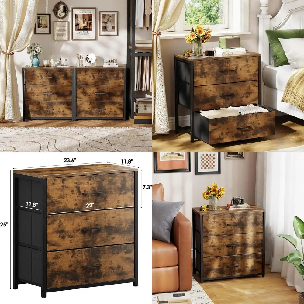 

3-Drawer Bedroom Nightstand with Fabric Chest, Steel Frame, Wooden Top & Front for Living Spaces