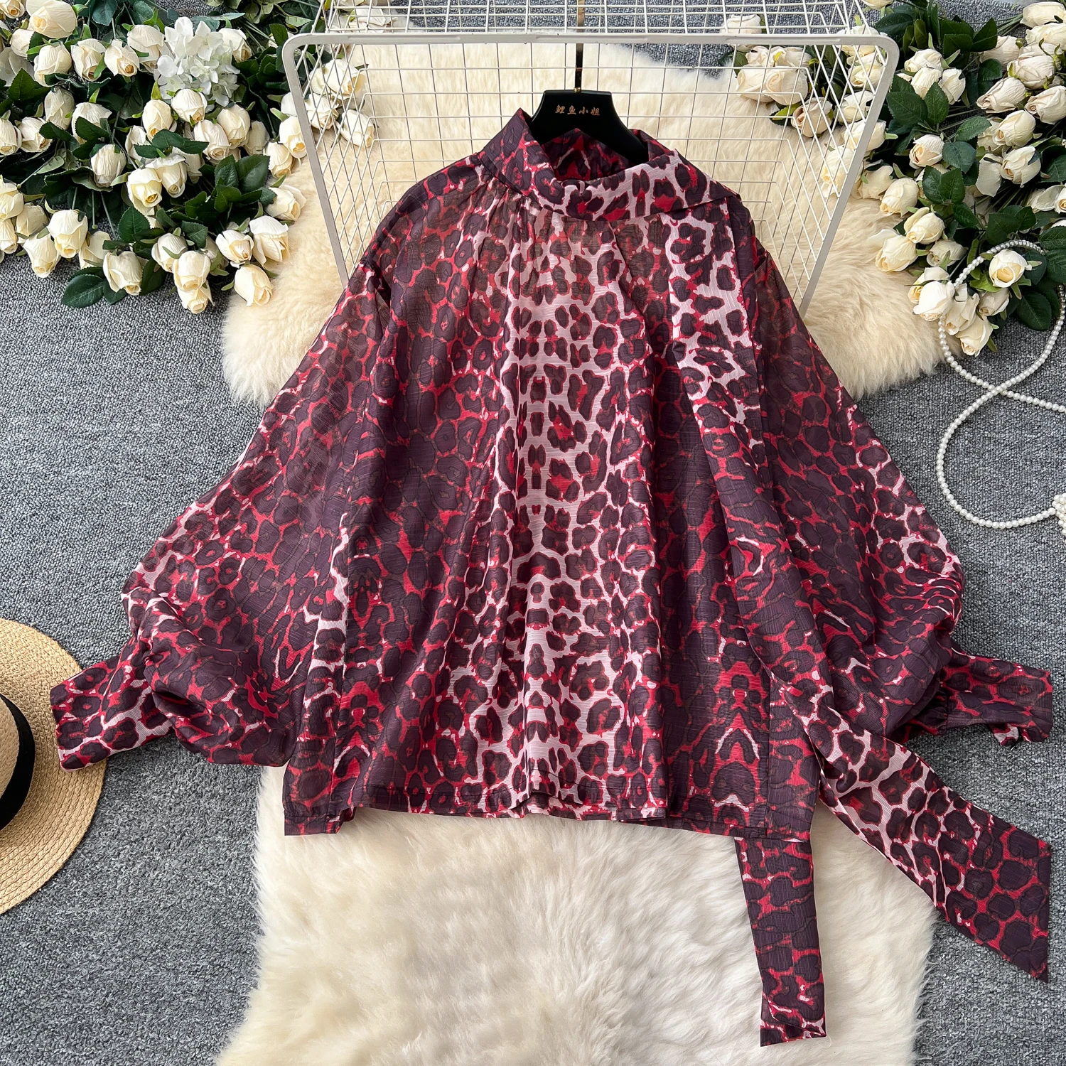 2025 New Autumn Leopard Print Blouse Women Bow Neck Long Sleeves Clothing Y2K Loose Top Korean Shirt