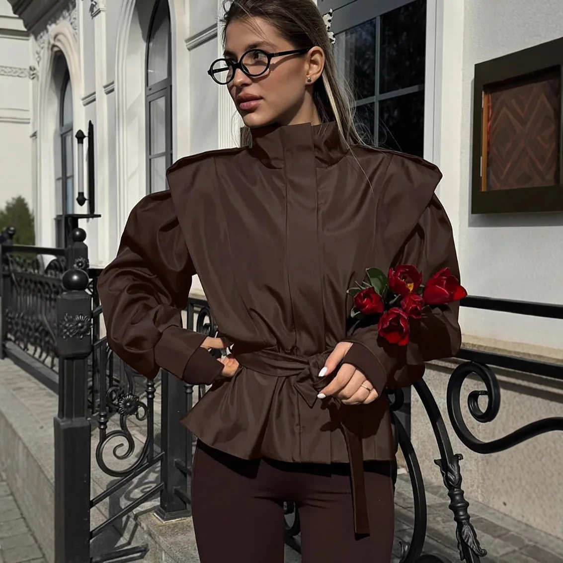 

KIDCRKJ Versatile Spring Women Jacket Spliced Turn Down Collar Solid Color Female Coat Slim Fit Cinched Waist Stylish Lady Coat