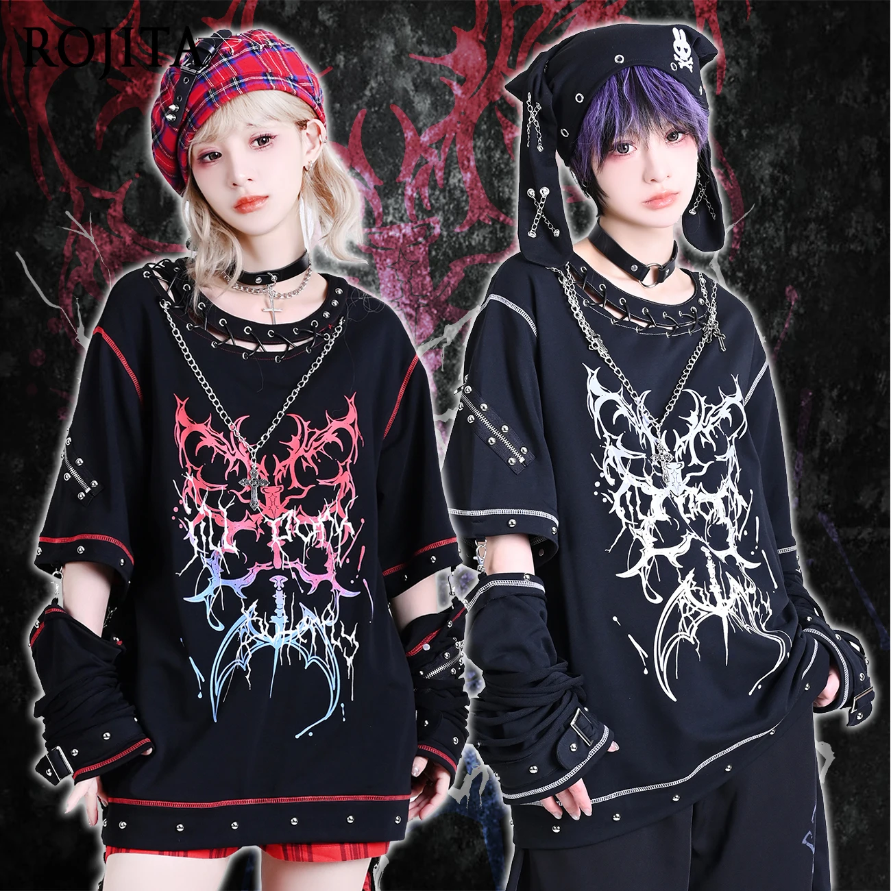 

Sleeve Design T-shirt Women Gradual Change of Vertebrae Printed Hollow Cross Rivet Neutral Round Neck Tops Women Clothing