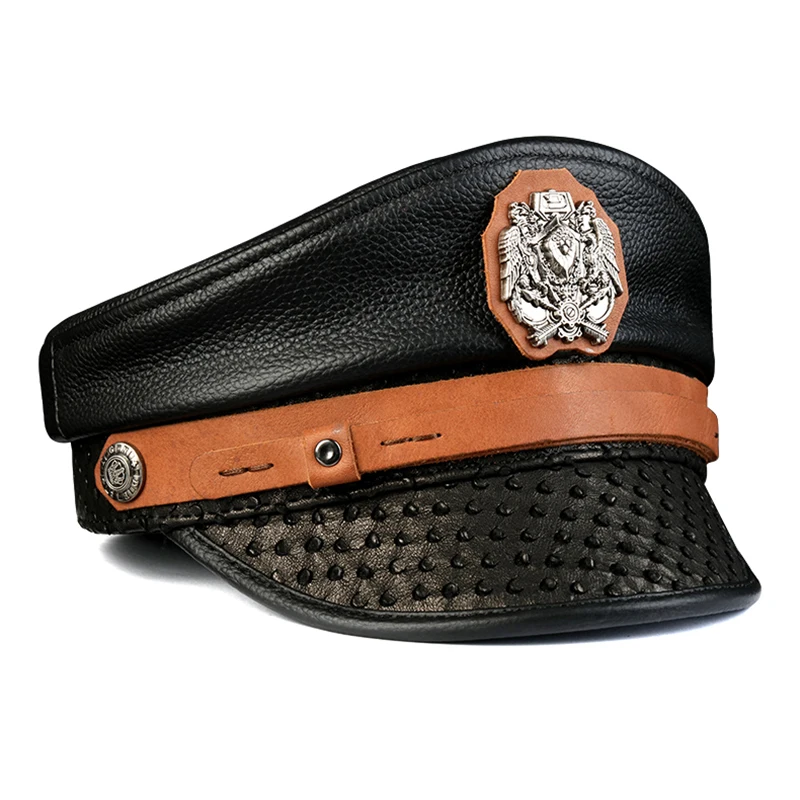 Leather Captain Sailor Caps Men High Quality Cowhide Flat Top Belt Badge European Fashion Cosplay Performance Gorra Military Hat