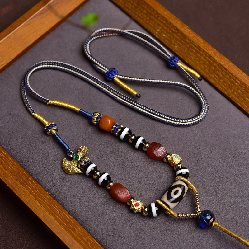 Tibetan Hand Rub Cotton String Necklace Rope Beeswax Thangka Amulet Agate Tibet Beads Pendant Rope Hand-Knitted Rope High-End La