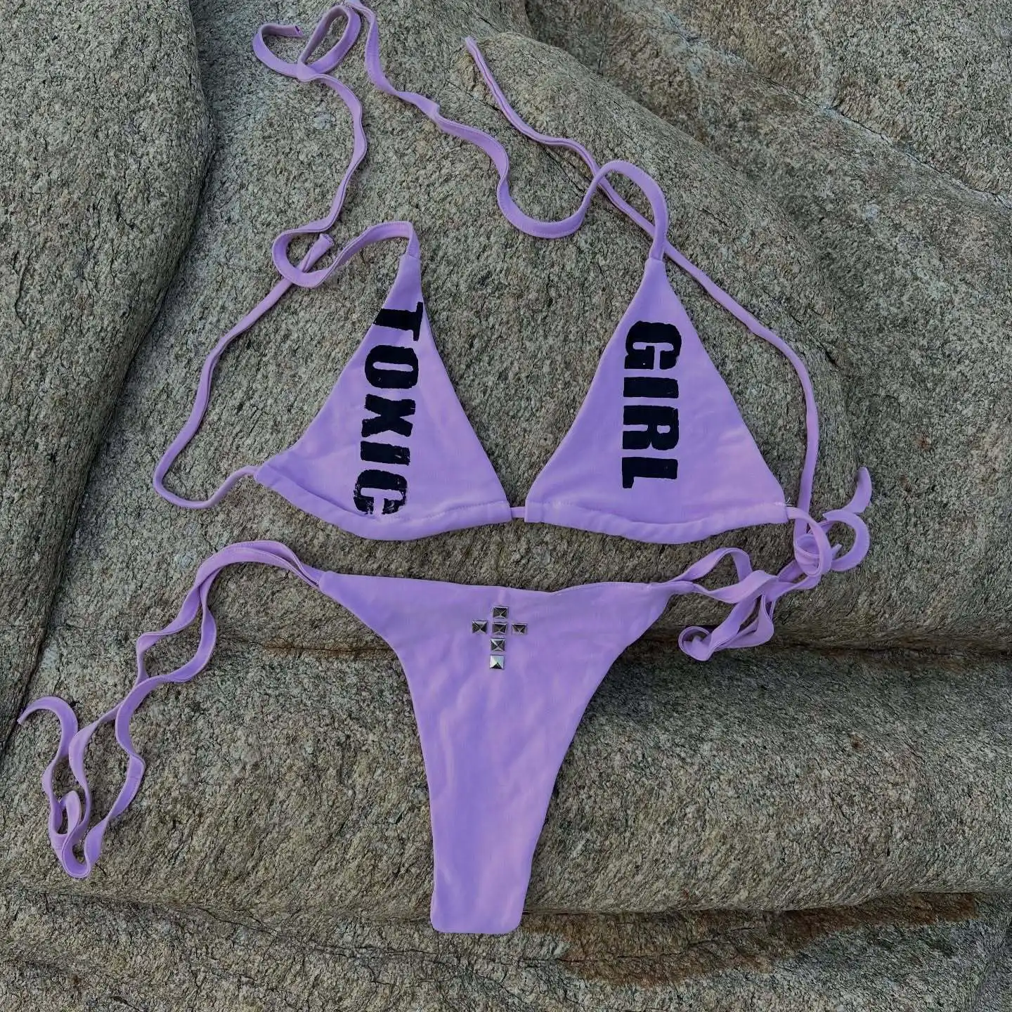 Letter Printing Cross Rhinestone Trend Party Swimsuit Fashion Suspender European American Creative Purple Bikini Suit Spice Girl