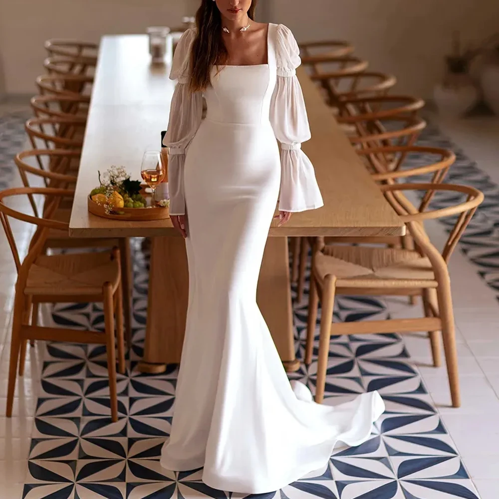 ที่กําหนดเองชุดเดรสเมอร์เมดสแควร์คอพัฟแขนเจ้าสาว Grown ง่ายความยาว Jersey Elegant Vestido de novia