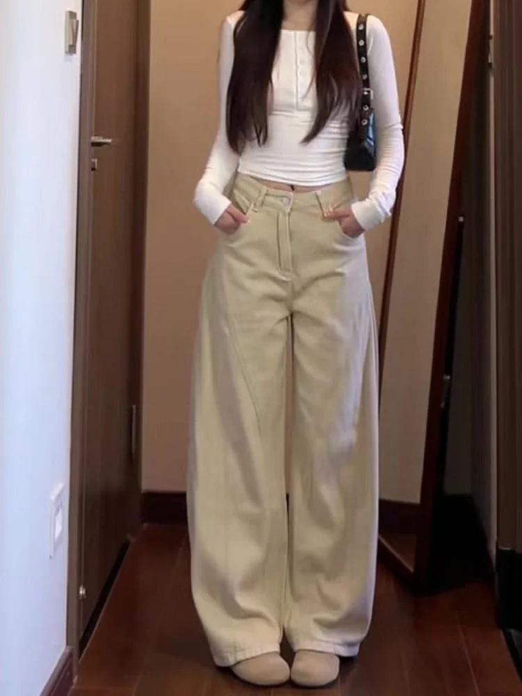 ارتفاع الخصر واسعة الساق الجينز المرأة الرجعية الأمريكية Sle سكين الدنيم السراويل الخريف حجم كبير الكمثرى القرد التخسيس مستقيم