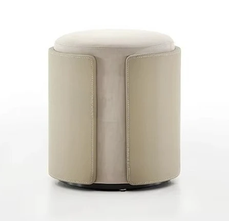 Italian Modern Living Room Bedroom Stool - Latte Coffee Fabric Paired with Leather Wrapped Dressing Chair Home Furniture