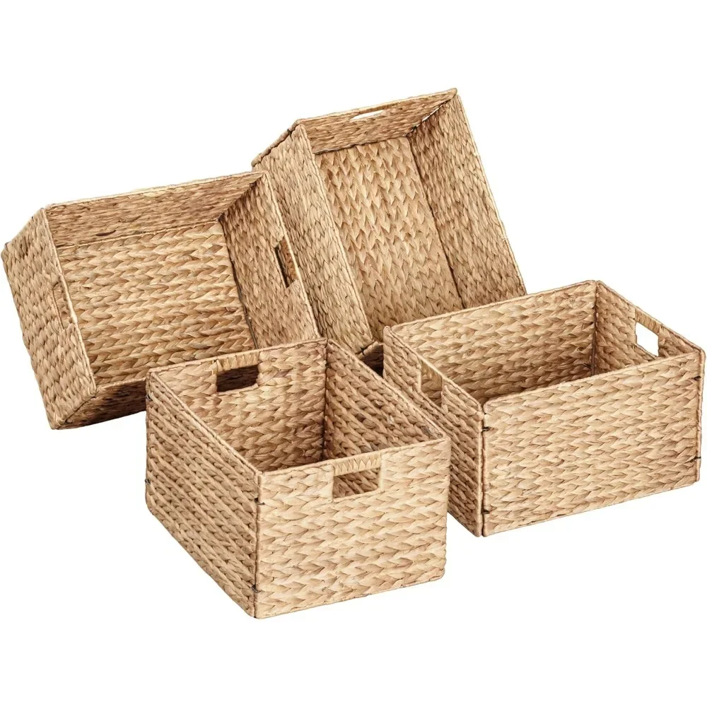 

Extra Large Rectangular Water Hyacinth Wicker Storage Baskets with Iron Wire Frame, 16.1"x12.6"x9.5", Natural, Set of 4