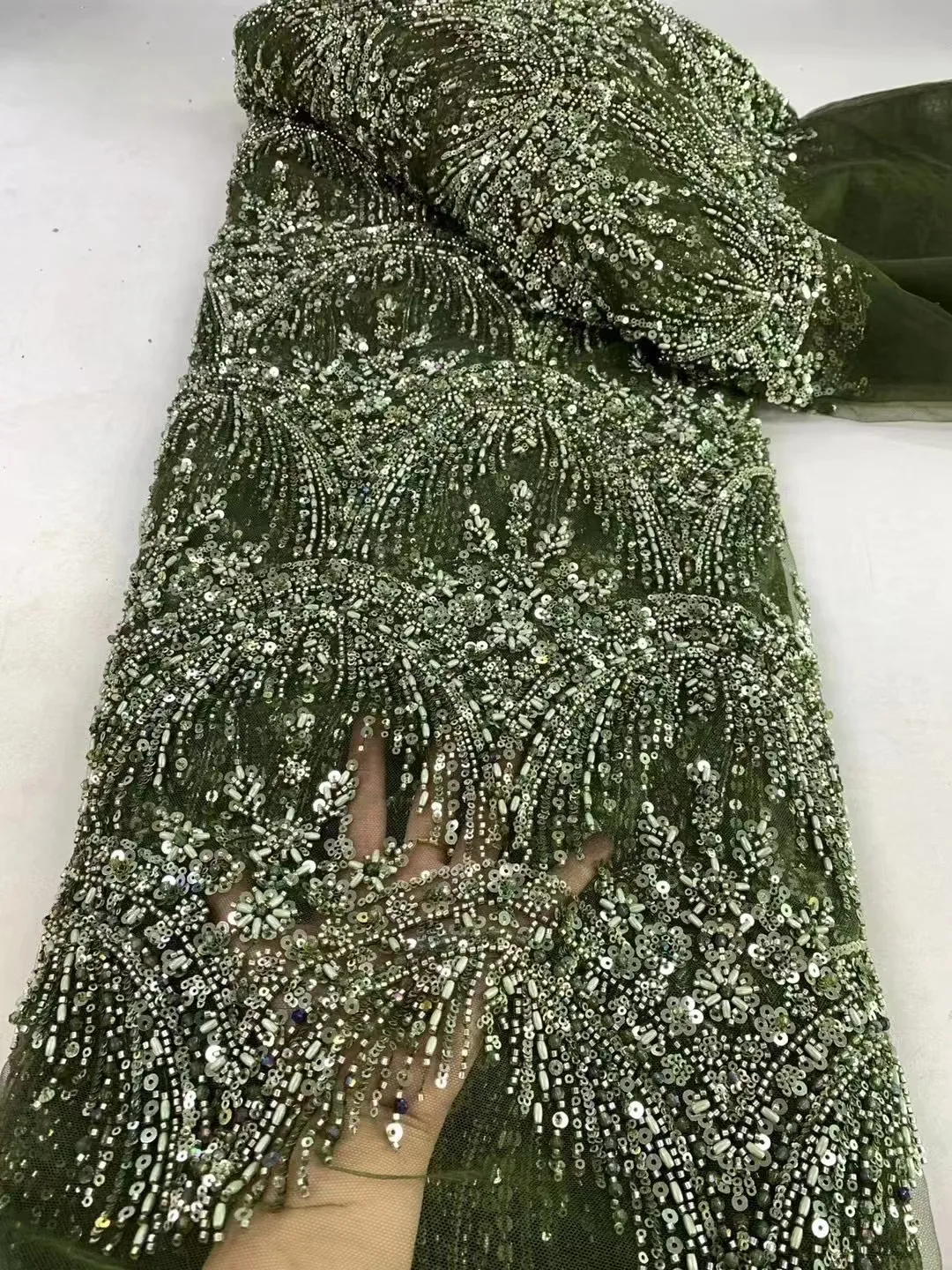 Green 2024 High Quality African Handmade Beaded Lace Fabirc Nigreian Embroidery Sequins Lace Fabric Women Wedding Dress