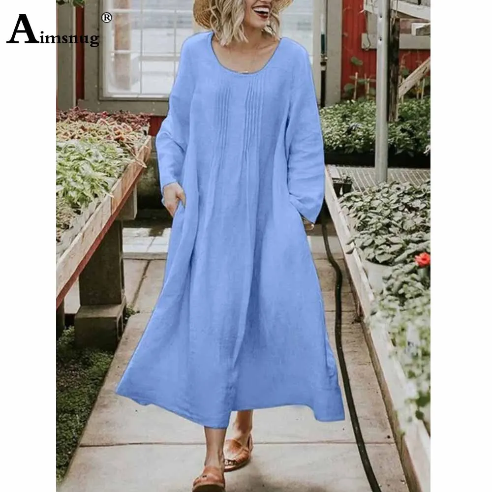 Women Casual Long Sleeve Beach Dress 2023 Summer Pleated Maxi Dresses Plus Size 4xl 5xl Ladies Vintage Long Stand Pockets Dress