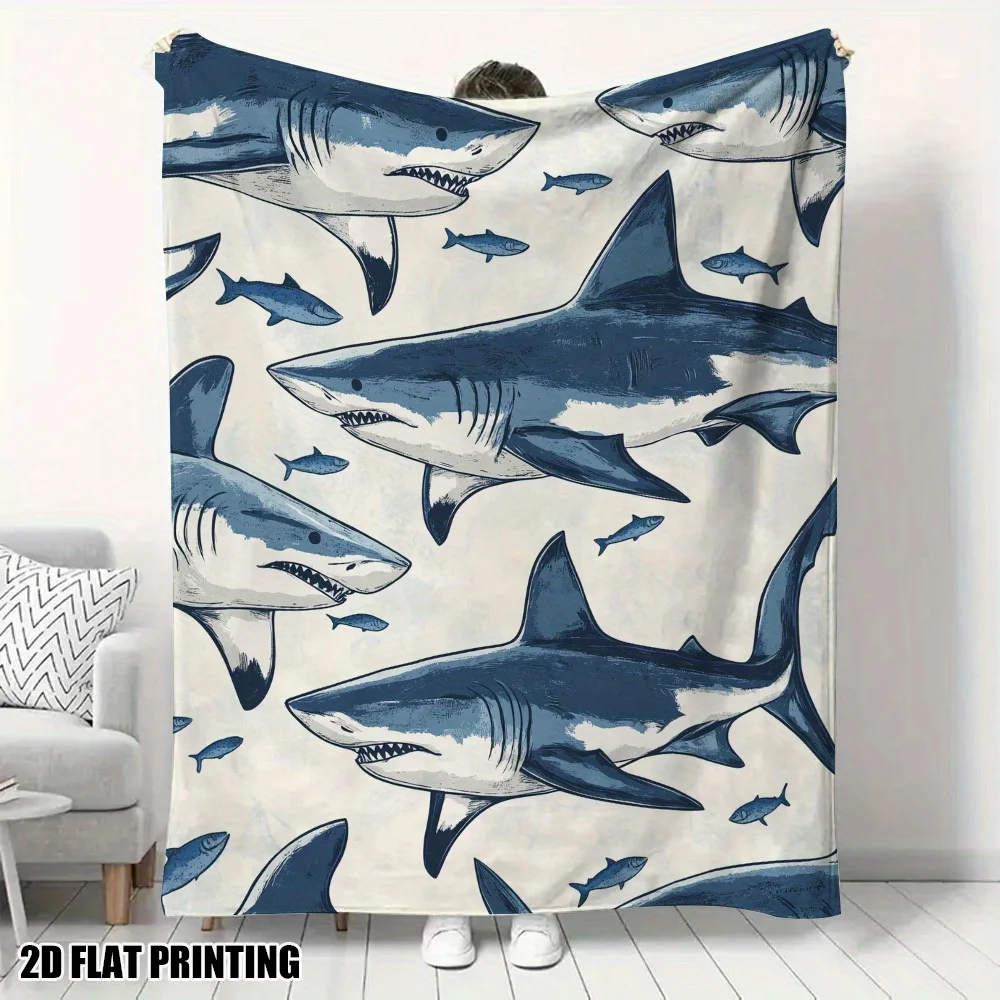 Aesthetic Sea Sharks Blanket Cozy Plush Couch Throw Cover Soft Bed Decor Blue Animal Nap Blanket For All Season Bedding