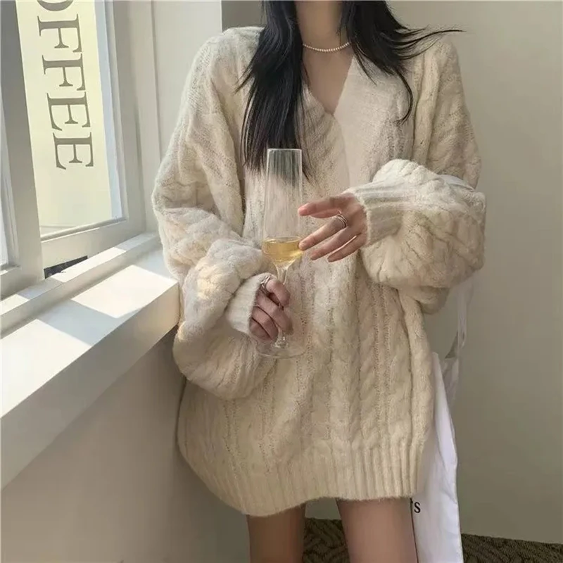 Autumn Winter Harajuku Women Sweater Cute Oversized Knitted Pullover Korean Long Sleeve V Neck Sweater Preppy Solid Loose Jumper