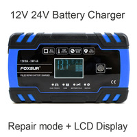 FOXSUR Car Battery Charger 12V 8A 24V 4A Touch Screen Pulse Repair LCD Fast Power Charging Wet Dry Lead Acid Digital LCD Display