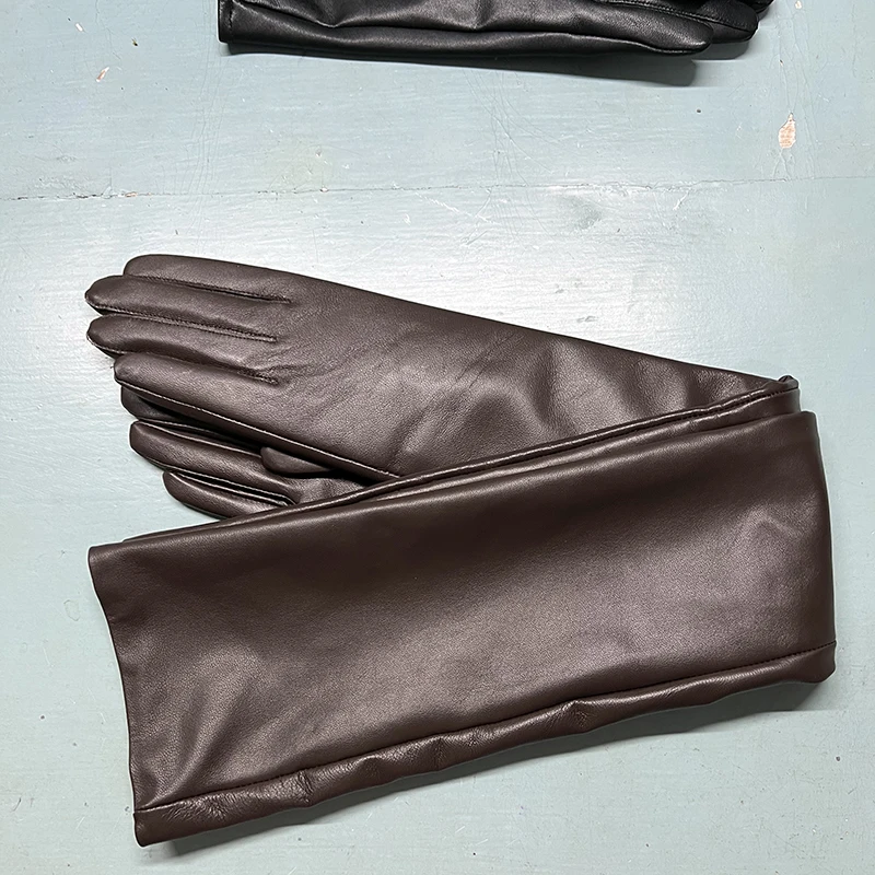 Gants longs en cuir marron foncé pour femme, gants d'opéra en peau de mouton, doigts fendus, surdimensionnés sur le coude