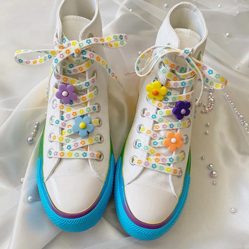 1 Pair/2pc Shoelaces Decoration Flower Clip Shoe Buckle Cute Sneaker Canvas Cartoon Shoe Charm Trend Color Shoe Laces Accesories