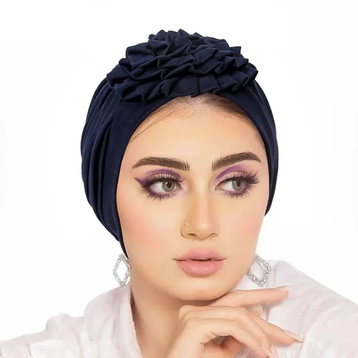 Trendy Crinkle Women\'s Hijab Solid Color Muslim Ladies Turban Bonnet Flower Decor Ramadan Head Wrap Head Scarf Indian Hat Mujer