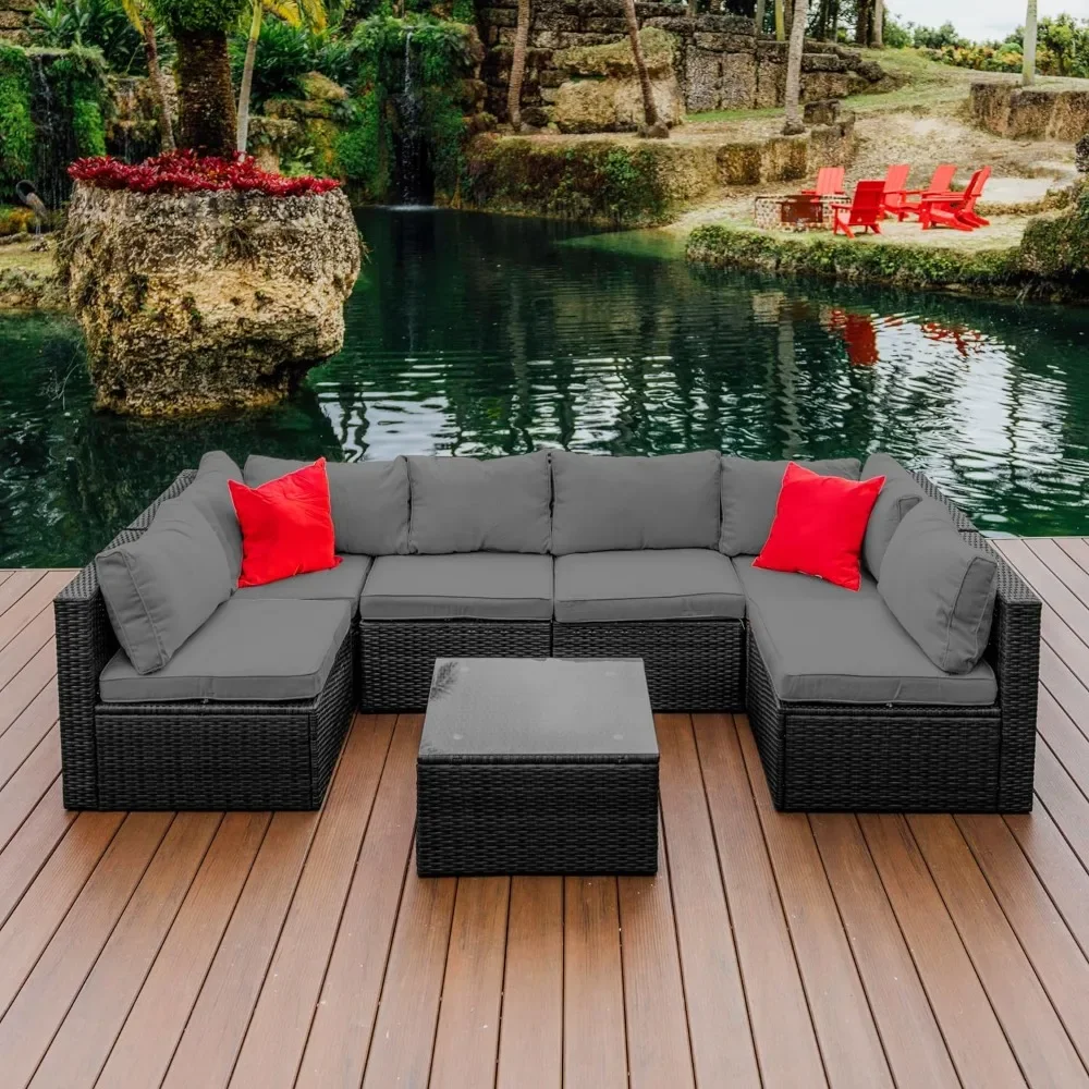 7 Piece Patio Furniture Sets, Patios Conversation Sets with Patios Sectional, Wicker Patio Furniture Sets