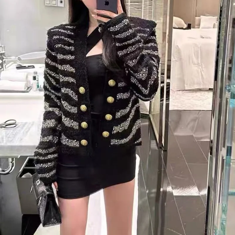 

Fall 2025 Women's Metal Button Embellished Rivet Long Sleeve Suit Jacket Y2K High-Quality Fashion Slim Fit Short Knitwear Jacket