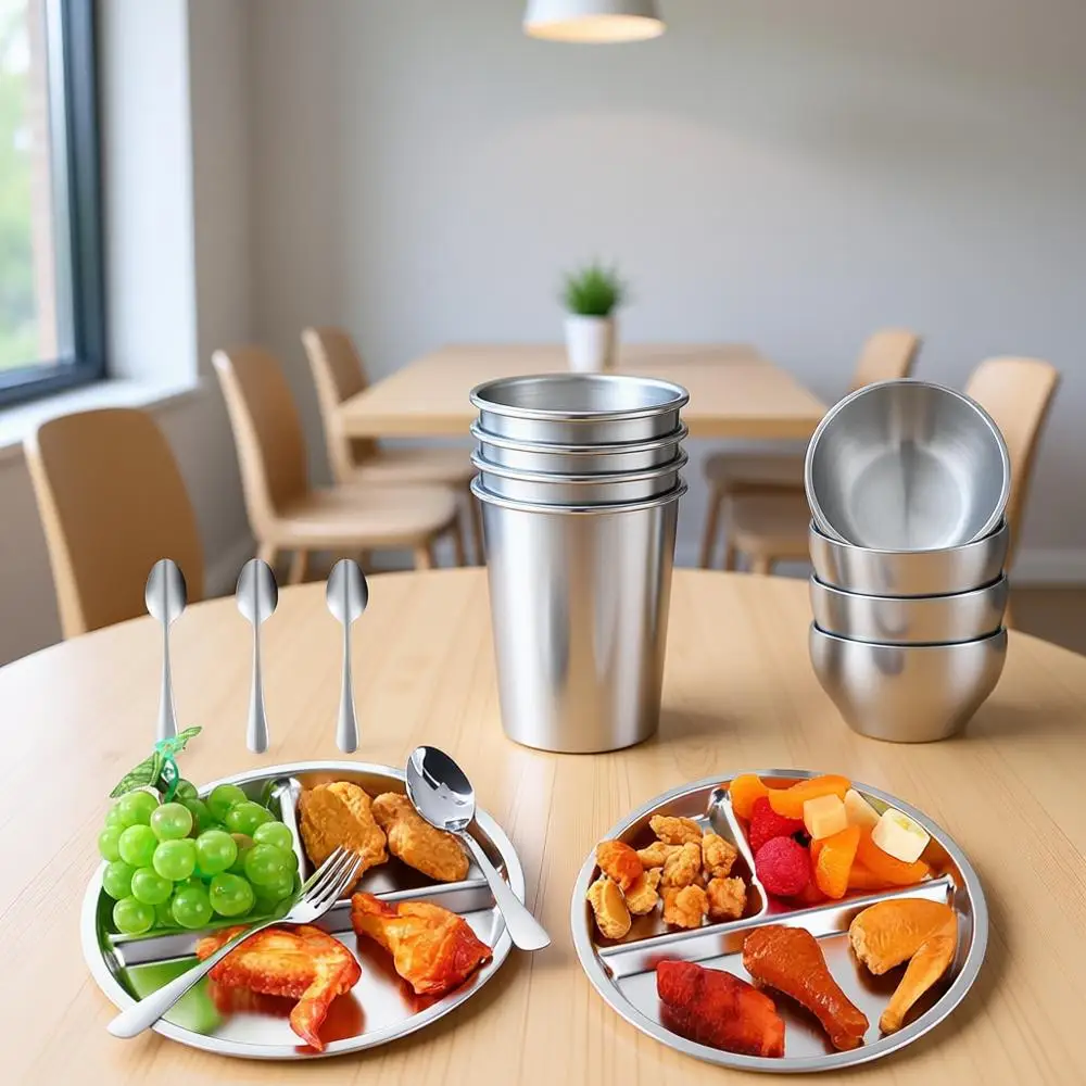 

20-Piece Stainless Steel Dining Set: 4 Plates, 4 Bowls, 4 Cups, 4 Spoons, 4 Forks, Dishwasher Safe