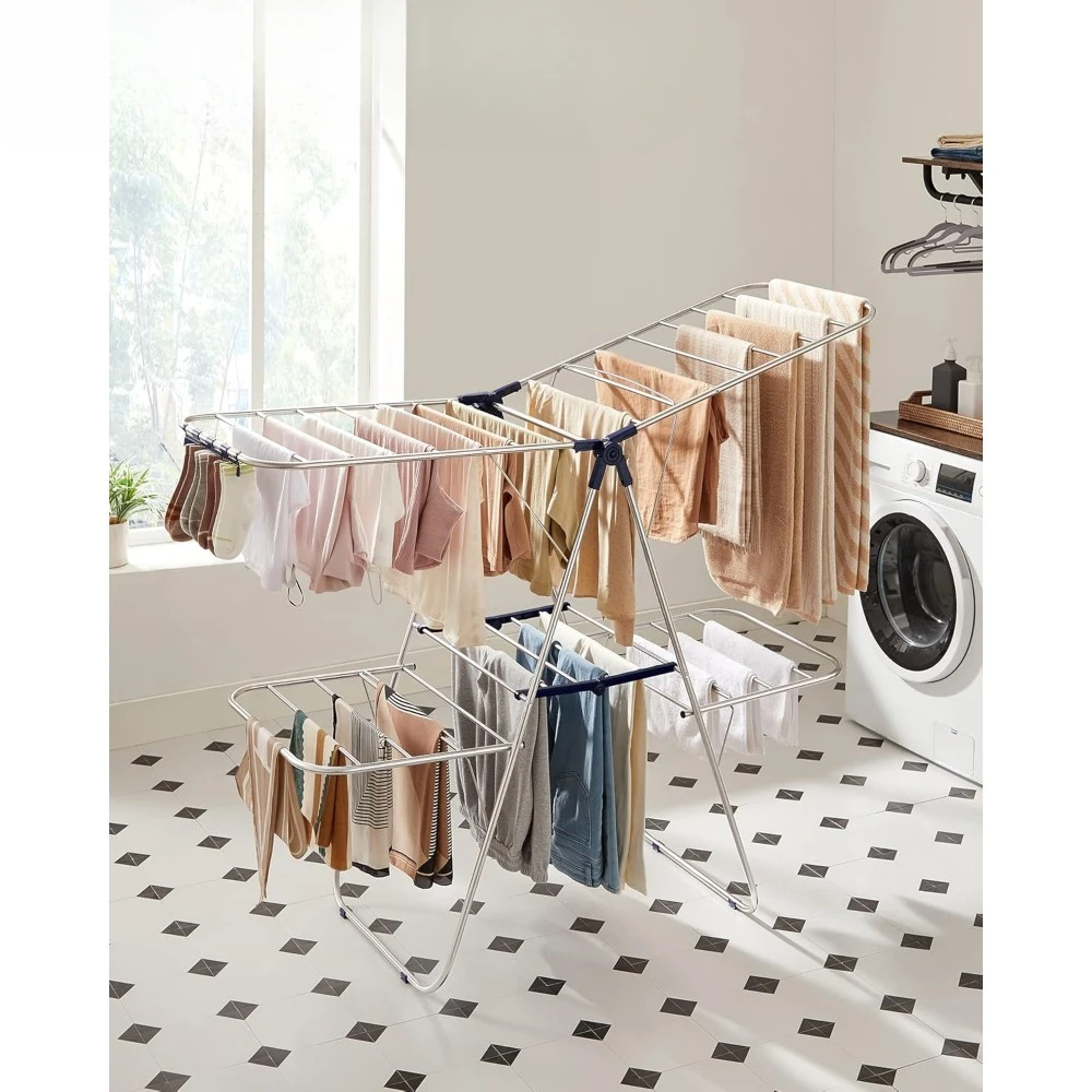 Large Drying Rack, with Height-Adjustable Wings, 33 Drying Rails, Sock Clips, Silver and Blue ULLR53BU