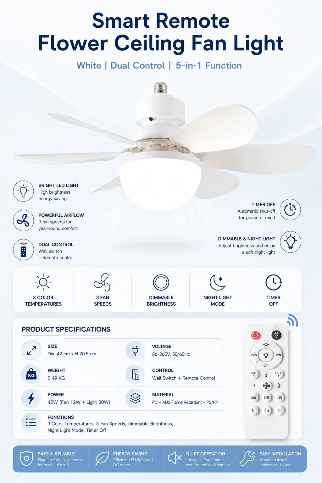 42cm Flower Ceiling Fan Light with Remote, 3-Color Dimmable LED, 3 Speeds & Night Light