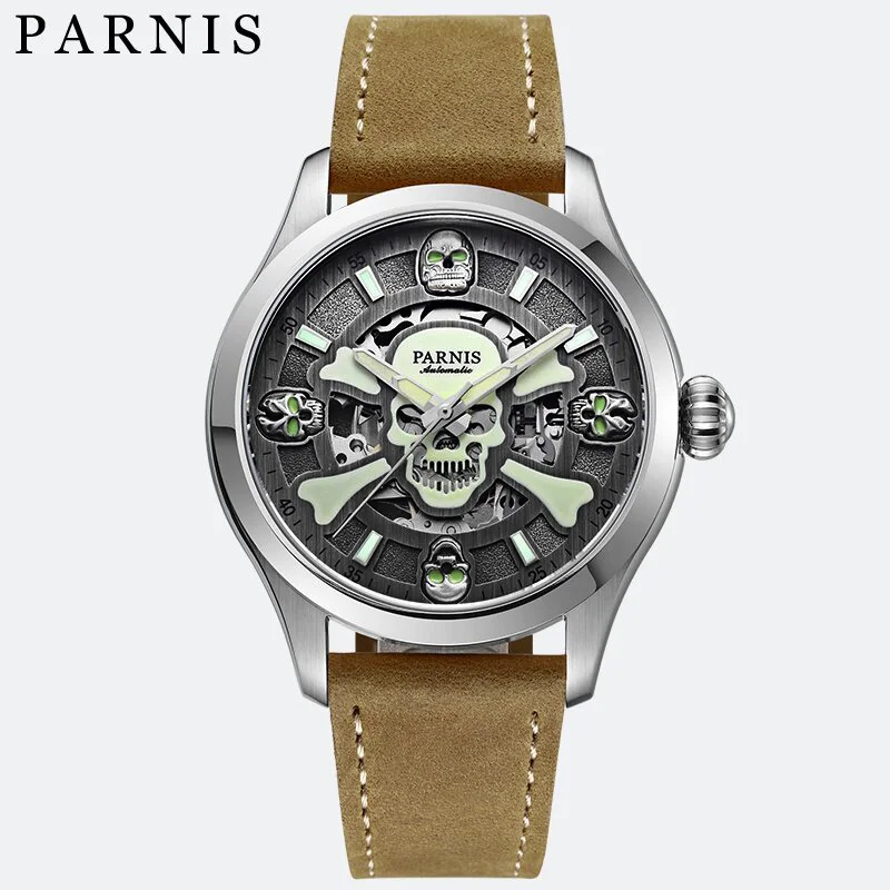 Neue parnis 42mm vintage zifferblatt mechanische männer leuchtende automatische uhr leder armband saphirglas uhr für männer reloj hombre