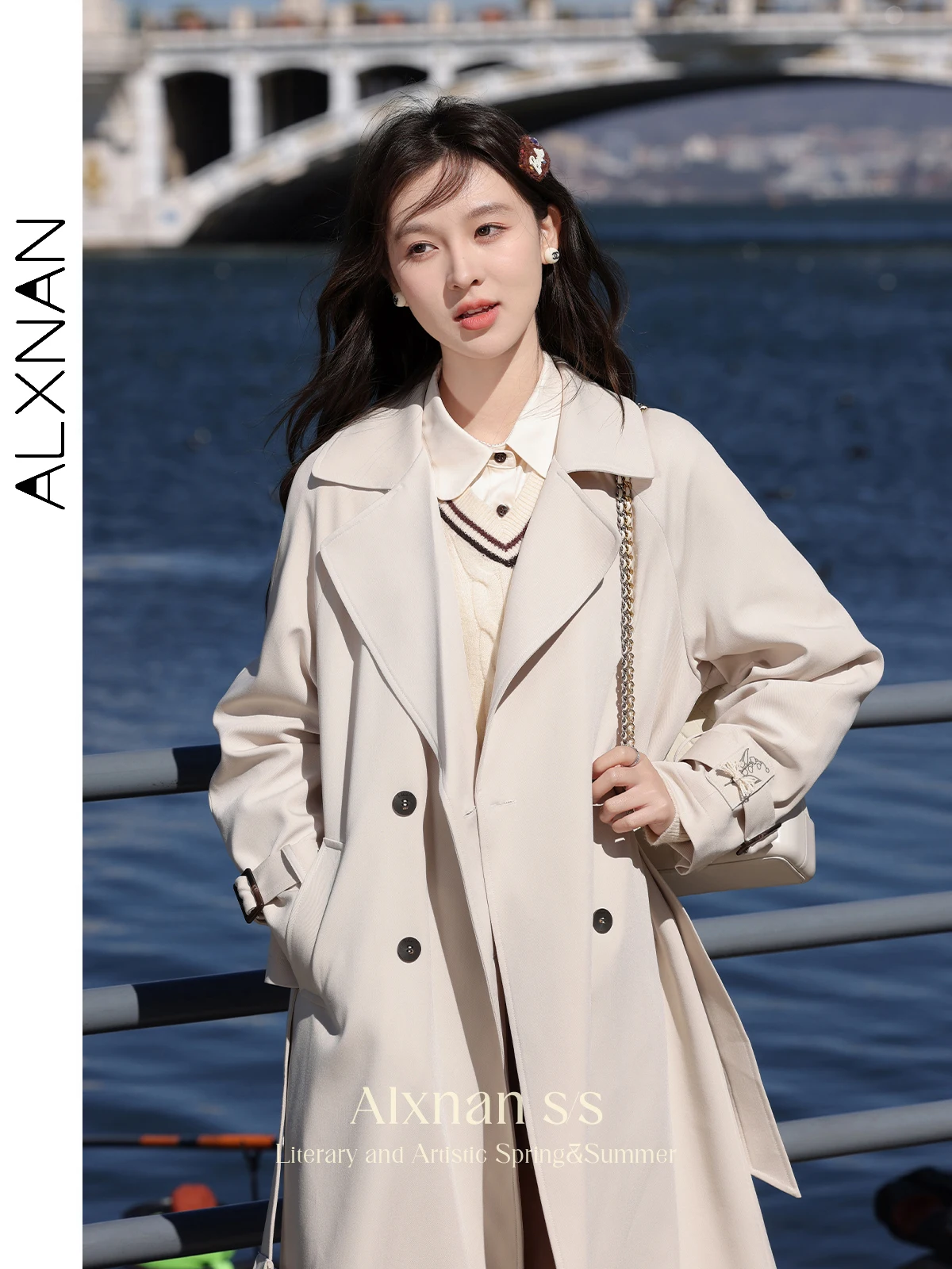 

ALXNAN длинный плащ цвета хаки с отложным воротником, женская ветровка, осенняя повседневная свободная посадка, офисные женские пальто миди, женские VL333102