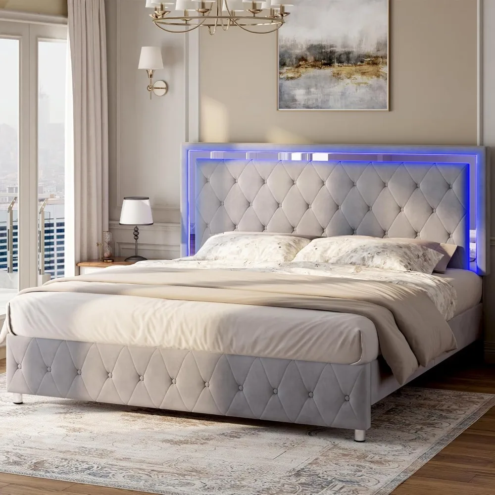 

Large Bed Frame with LED Lights, Headboard and Footrest, Velvet Cushioned Large Bed Frame