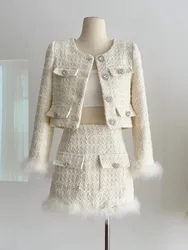 Blazer épissé de plumes et mini jupe taille haute, veste en tweed, manteau court, ensemble 2 pièces, vintage français, imbibé, nouveau, automne, hiver, 2024