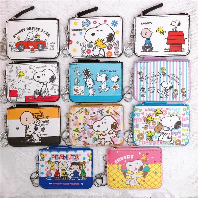 Charlie Brown Snoopy Card Holder Coin Purse Leather Id Card Wallet Mini Pouch with Keychain Portable Small Wallet for Daily Use