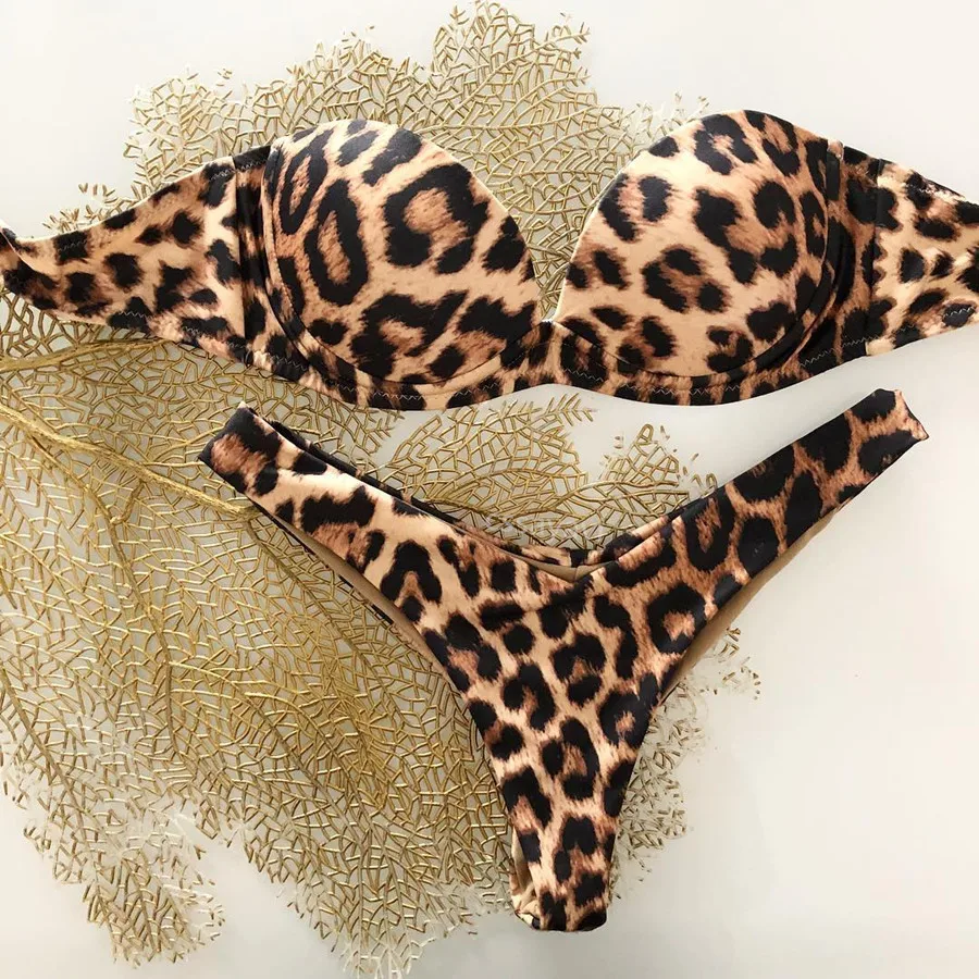 Bikini de leopardo con realce para mujer, traje de baño Bandeau Sexy con Tanga, conjunto de ropa de playa, traje de baño para piscina, 2023