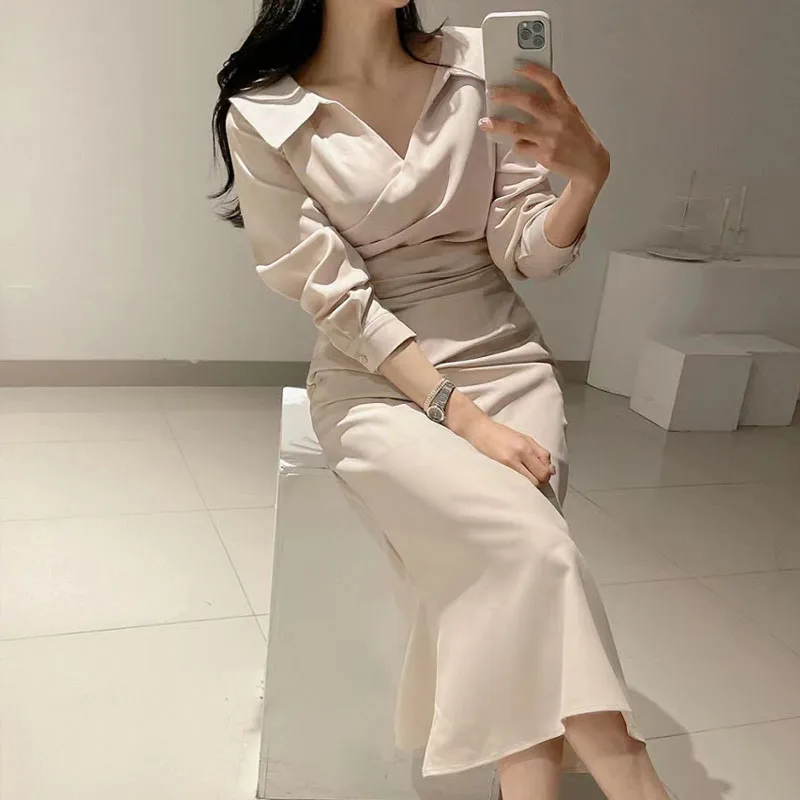 우아한 봄 신상 여성 드레스 퍼프 소매 벨트 슬림핏 V넥 롱 스커트 한국 스타일 하이웨이스트 셔츠 드레스