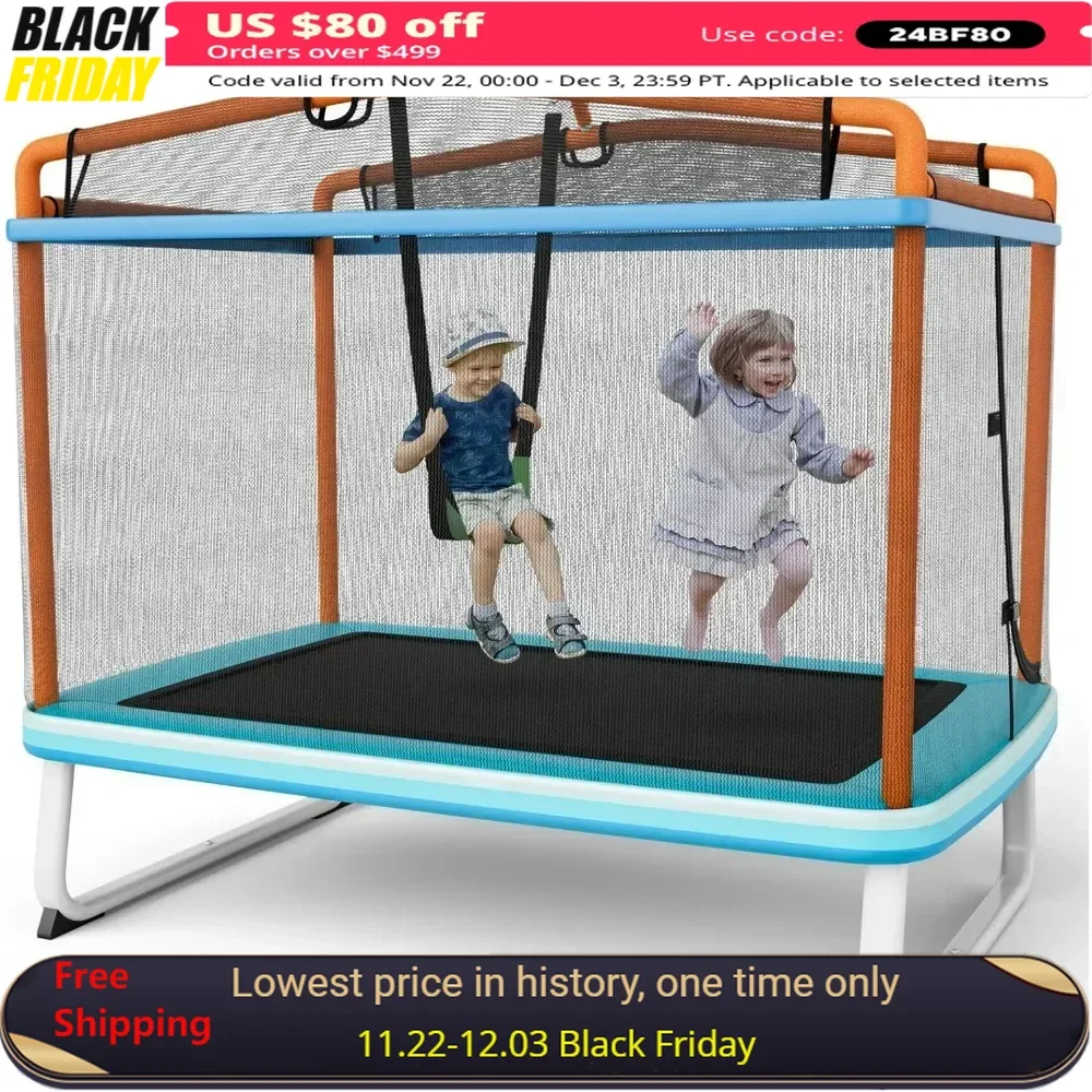 

6Ft Rectangle Trampoline with Swing, ASTM Approved Mini Kids Trampoline with Net, Indoor Outdoor Small Recreational Trampoline