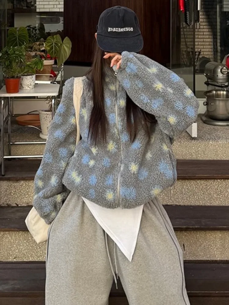 

Chic Korean Sle Cisas New Faionable Flower Lamb Fur Stand Collar Waist Cinched Versatile Sweatirt Jaet Coat for W...